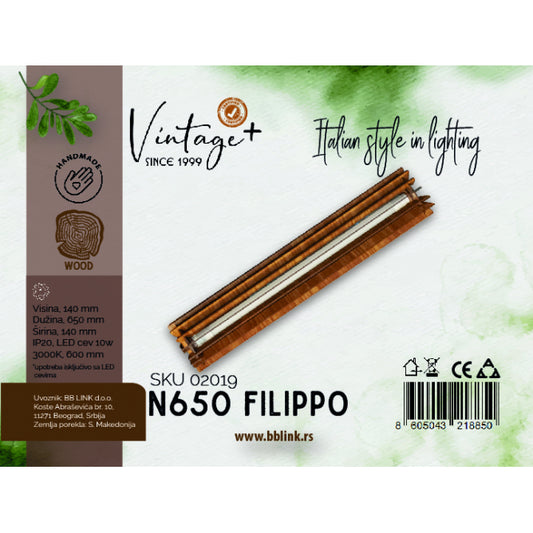 VINTAGE FILIPPO N650 ZIDNA LAMPA 10W 3000K (650x140x140 mm) - SKU02019